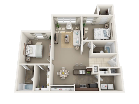 Floor plan for 2 beds, 2 baths, 1086 sqft